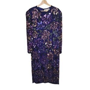 Oleg Cassini 18 100% Silk Purple Floral Sequin Beaded Formal Dress